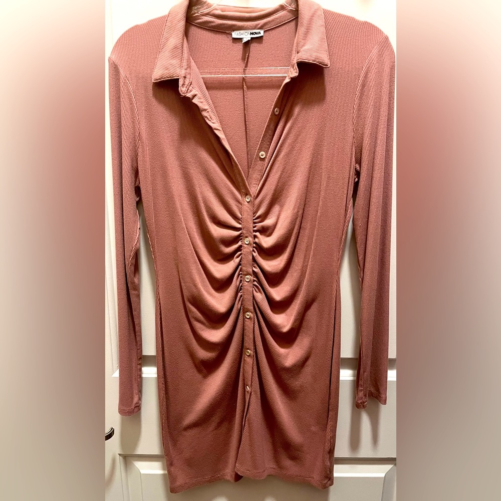 Blush Pink long sleeve button up fashion nova stretch dress